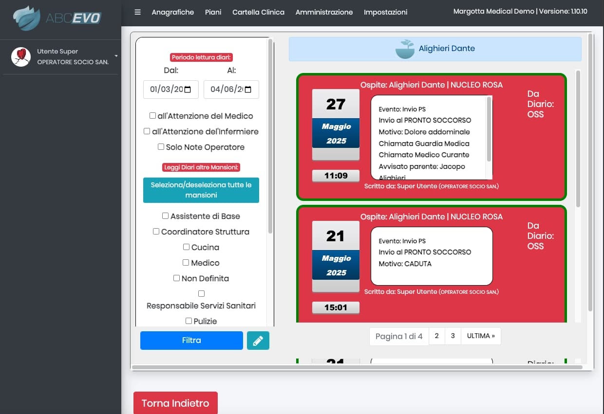 Schermata diari digitali degli ospiti