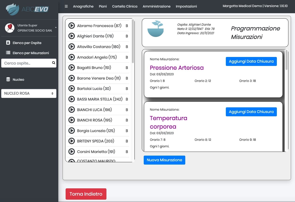Schermata programmazione misurazioni vitali